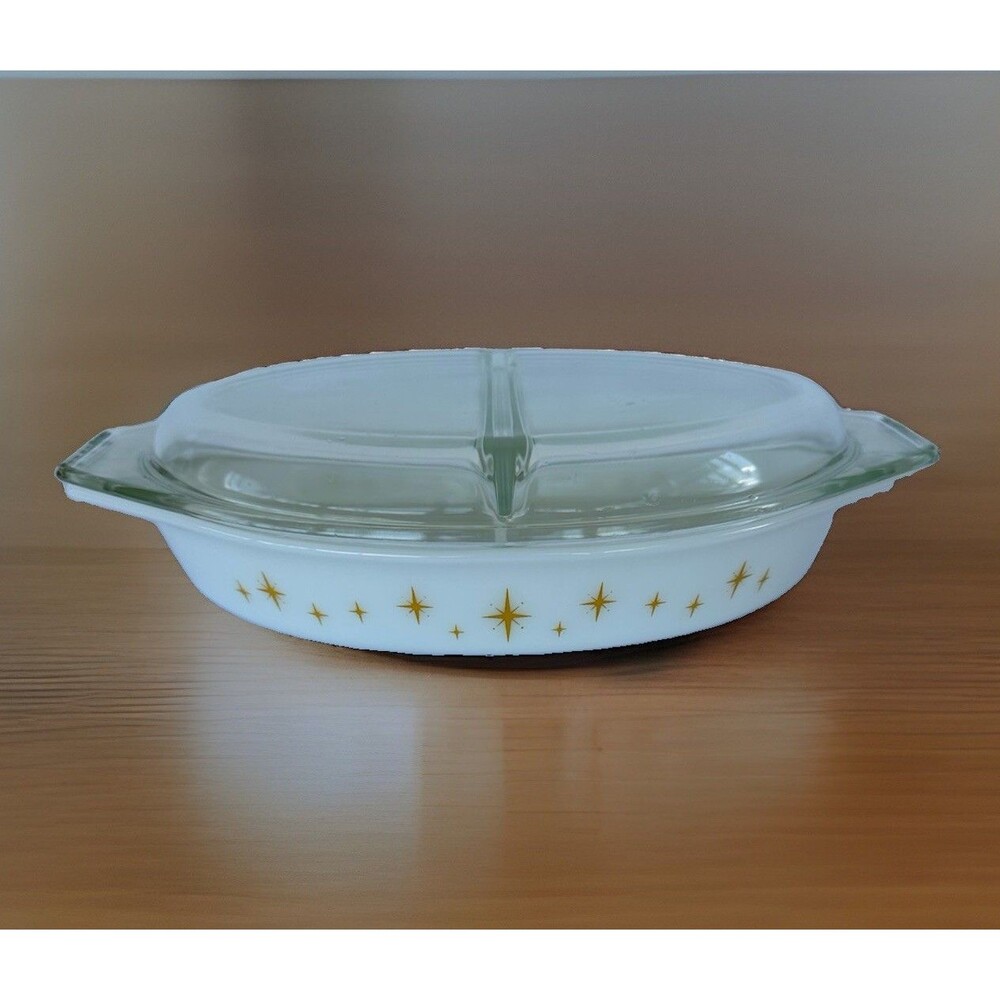 Pyrex Constellation Atomic Starburst Gold Divided Casserole Dish 1.5 qt Lid MCM
